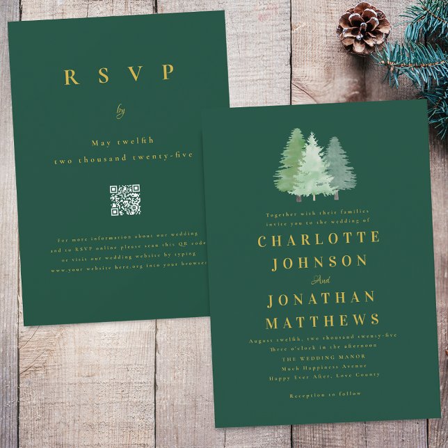 Simple Woodland Forest Gold Green Wedding QR Code Invitation (Simple modern woodland forest gold  Green wedding qr code invitation watercolor evergreen pine trees)