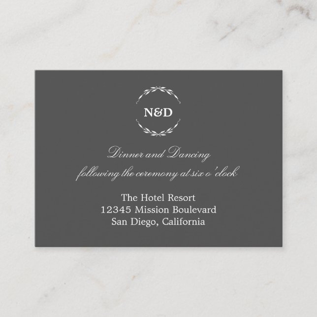 Simple wreath charcoal wedding reception enclosure card (Front)