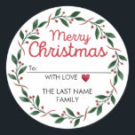 Simple Wreath Christmas Label Sticker and a Heart<br><div class="desc">Capture the essence of the season with these to from Christmas stickers. These round stickers feature an inviting wreath,  a cute heart,  and lush green leaves,  creating a warm and welcoming vibe. Enhance your holiday festivities by incorporating these stickers into your festive projects</div>
