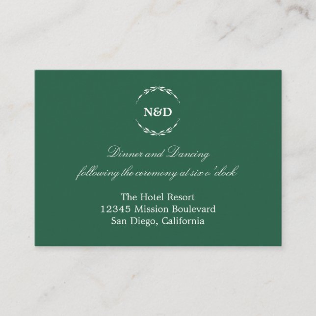 Simple wreath green wedding reception enclosure card (Front)