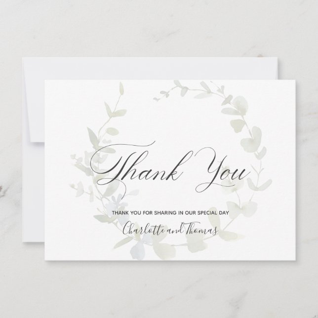 Simple Wreath Greenery Wedding Thank You Card (Front)