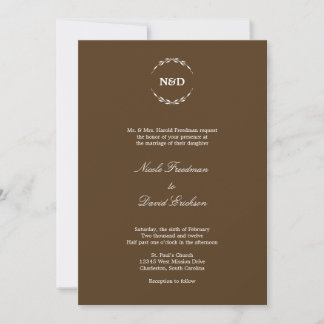 Simple wreath initial monogram brown wedding invitation