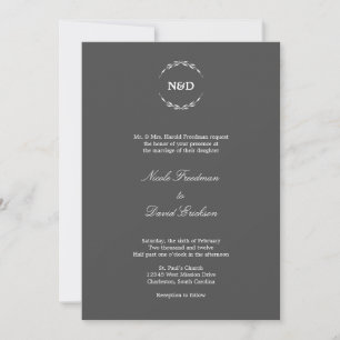 Simple wreath initial monogram charcoal wedding invitation