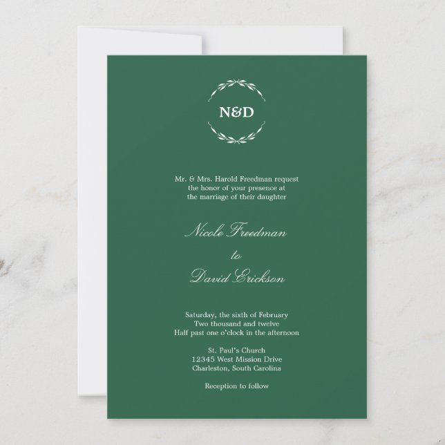 Simple wreath initial monogram evergreen wedding invitation (Front)