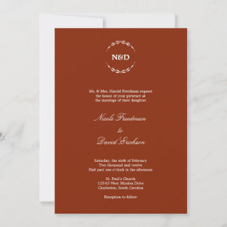 Simple wreath initial monogram velvet red wedding invitation