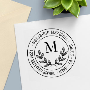 Simple Wreath Monogram Initial Round Address Self-inking Stamp