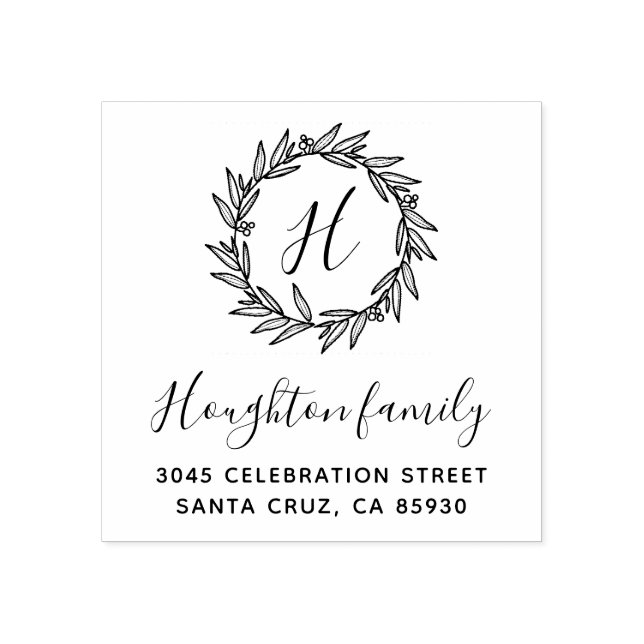 Simple Wreath Monogram Script Return Address Rubber Stamp (Imprint)