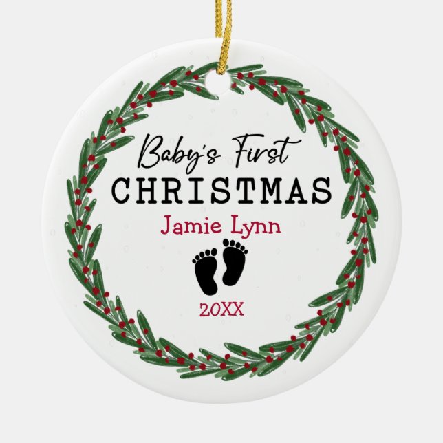 Simple Wreath Red Green Baby's First Christmas Ceramic Tree Decoration (Front)