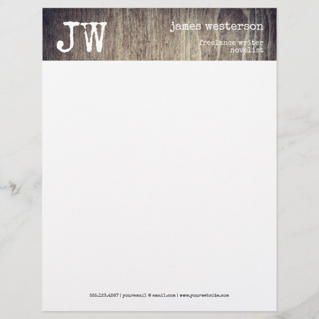 Simple Writer Monogram Rustic Wood Vintage Custom Letterhead (Front)