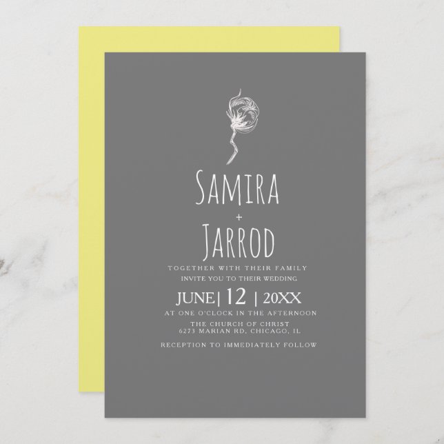 Simple Yellow and Grey Botanical Wedding Invitation (Front/Back)