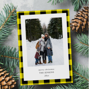 Simple Yellow Black Plaid 2 Photos Christmas Holiday Card