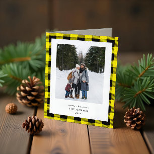 Simple Yellow Black Plaid Border 3 Photo Christmas Holiday Card