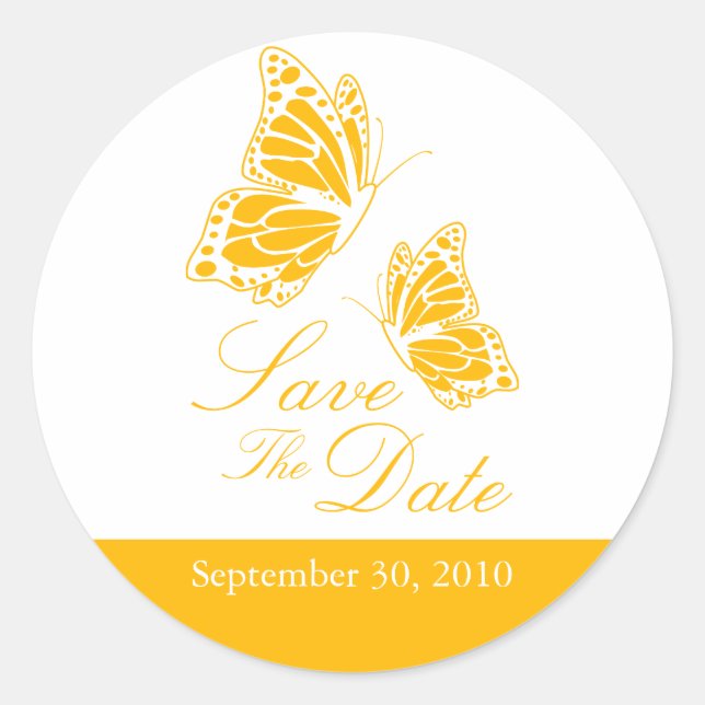 Simple Yellow Butterfly Save The Date Wedding Classic Round Sticker (Front)