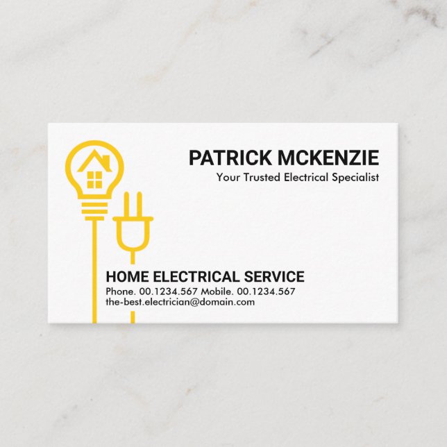 Simple Yellow Electric Bulb Power Plug Business Card (Front)