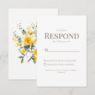 Simple Yellow Floral Gold Text White Wedding RSVP Card