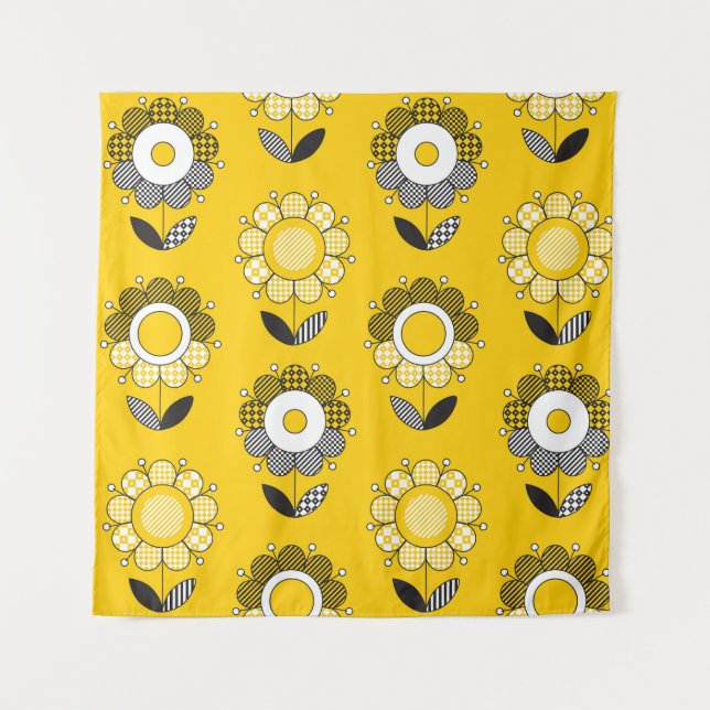 Simple Yellow Folk Floral Pattern Tapestry (Front)