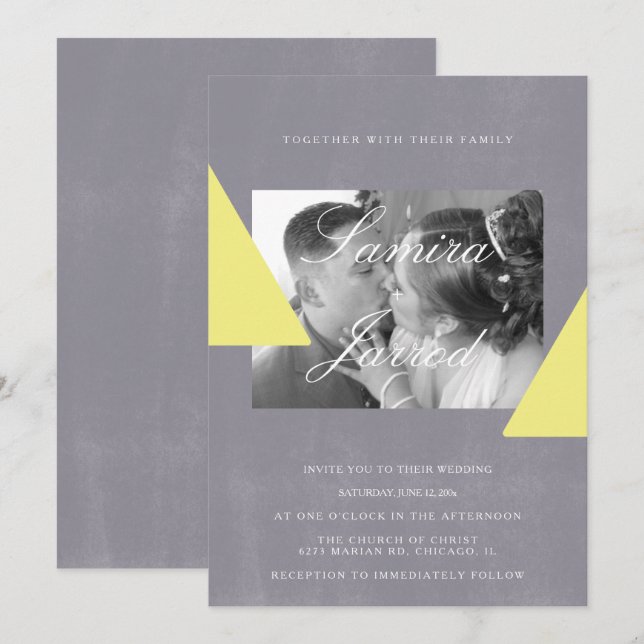 Simple Yellow Grey Stone Shapes Photo Wedding Invitation (Front/Back)