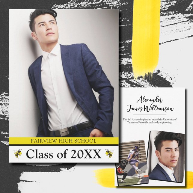 Simple Yellow Jacket Black 3 Photo Graduation  Announcement (Creator Uploaded)