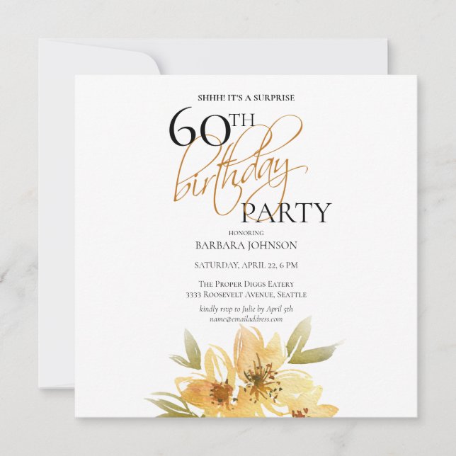 Simple Yellow Surprise Yellow Floral 60th Birthday Invitation (Front)