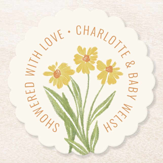 Simple Yellow Wildflower Showered with Love Paper Coaster (Front)