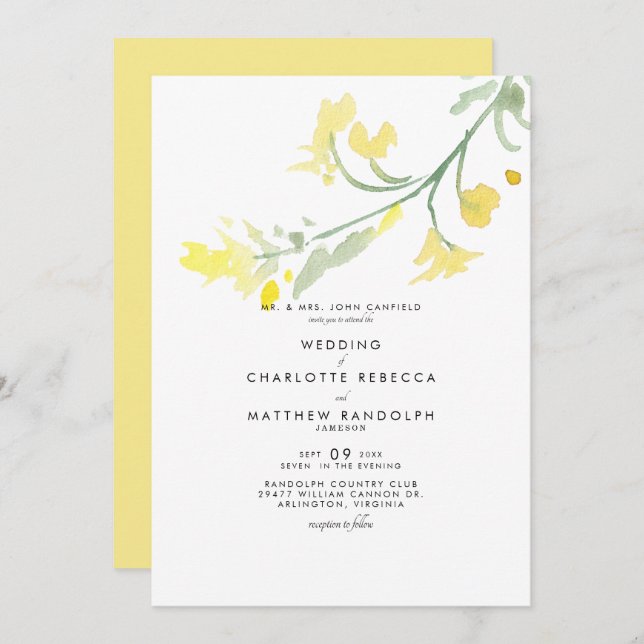 Simple Yellow Wildflower Stem Wedding Invitation (Front/Back)