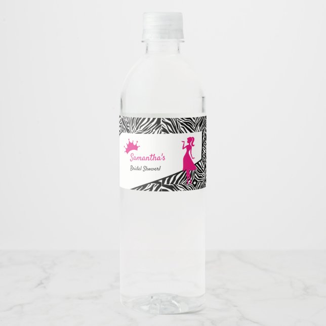 Simple Zebra with Pink Details Bridal Shower Water Bottle Label (Front)
