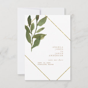 Simplicity & Greenery Gold & White Wedding Save The Date