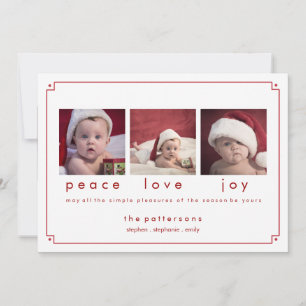 Simplicity in Red Peace Love Joy 3 Photo Holiday Card
