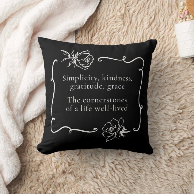 Simplicity, Kindness, Gratitude, Grace Black Cushion (Blanket)