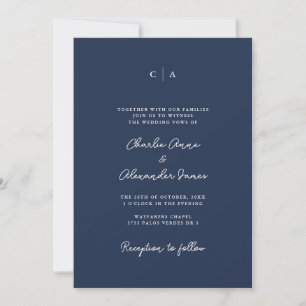 Simplicity   Monogram Minimalist Navy Blue Wedding Invitation