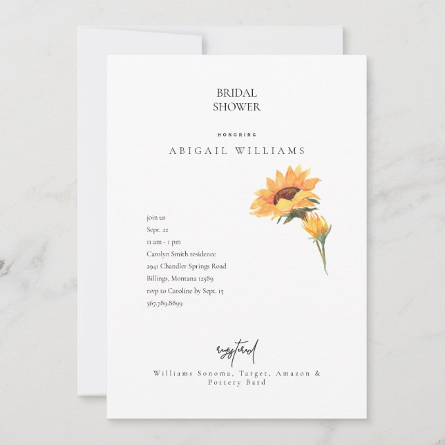 Simplicity Sunflower Stems White Bridal Shower Invitation (Front)