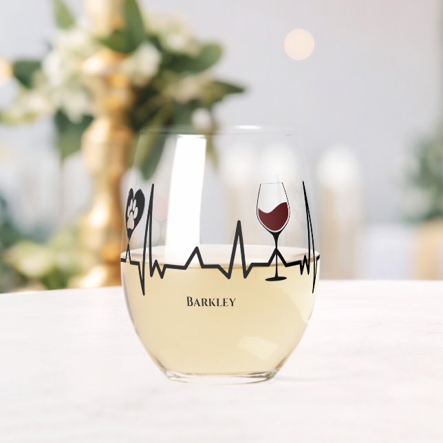 Simplistic Black Paws and Red Wine Heartbeat Stemless Wine Glass (Insitu (Wedding))