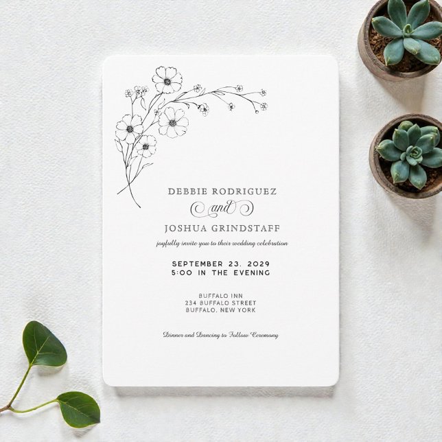Simplistic Black White Floral Wedding Invitation  (Creator Uploaded)