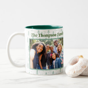 Simplistic Green Christmas Tree Family Photo Two-Tone Coffee Mug