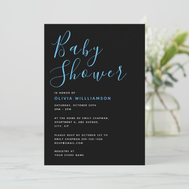 Simplistic Modern Black & Blue Baby Shower Invitation (Standing Front)