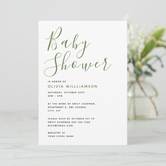 Simplistic Modern Green & White Baby Shower Invitation (Standing Front)