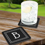 Simplistic Monogrammed Letter Initial Black White Coaster<br><div class="desc">Add a touch of personality to your home, office, or dorm with this square coaster featuring a single-letter monogrammed initial. The easy-to-use template lets you create your own custom letter placed on a classic black background. You can further customise any of the colours in the design tool area. The cute...</div>