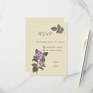 Simplistic Purple Flowers with Green Leaves RSVP Card