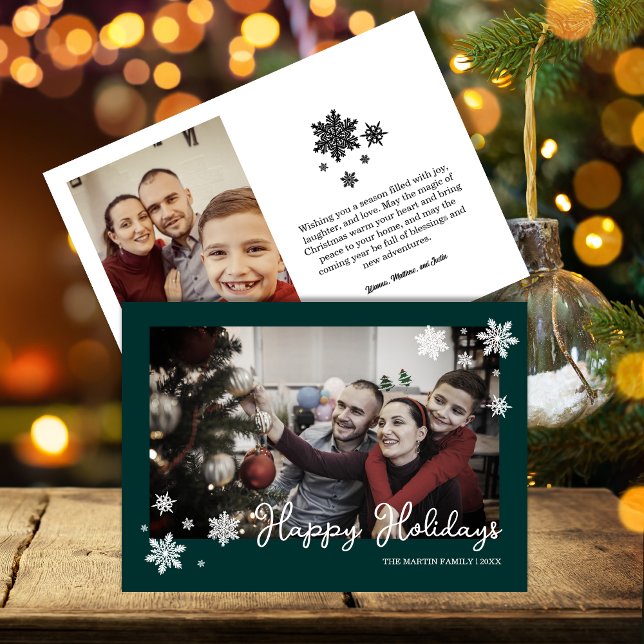 Simplistic Snowflakes Dark Green Photo Holiday Card (Creator Uploaded)