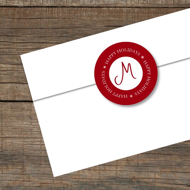 Simplistic Snowflakes Happy Holidays Red Monogram  Classic Round Sticker (Creator Uploaded)