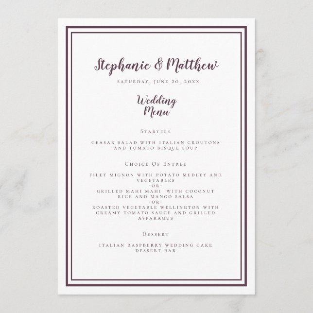 Simplistic Wedding Menu Modern Purple Framed Card  (Front)