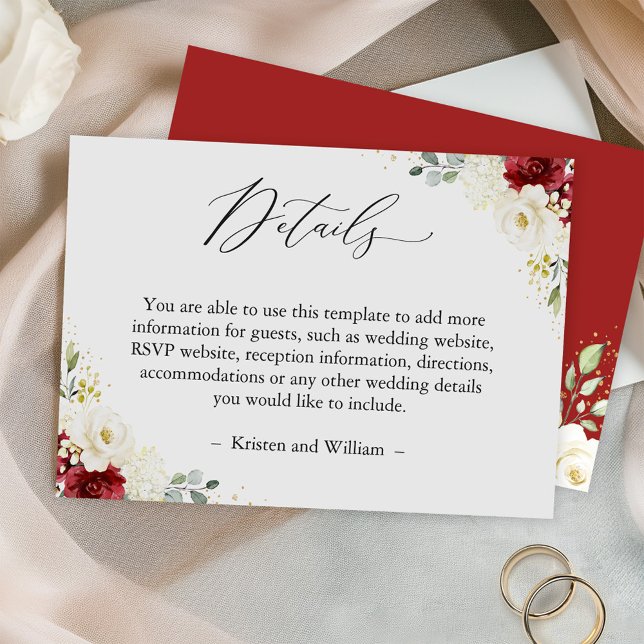 Simply Beautiful Red Ivory Floral Wedding Details Enclosure Card (Creator Uploaded)