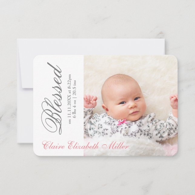 Simply Blessed Pink - 3x5 Birth Announcement (Front)