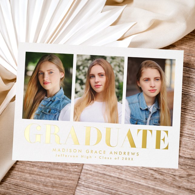Simply Bold 3 Photo Foil Graduation Announcement (Creator Uploaded)