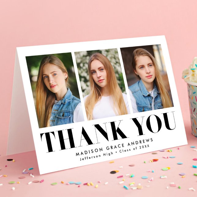 Simply Bold Black 3 Photo Graduation Thank You Card (Creator Uploaded)