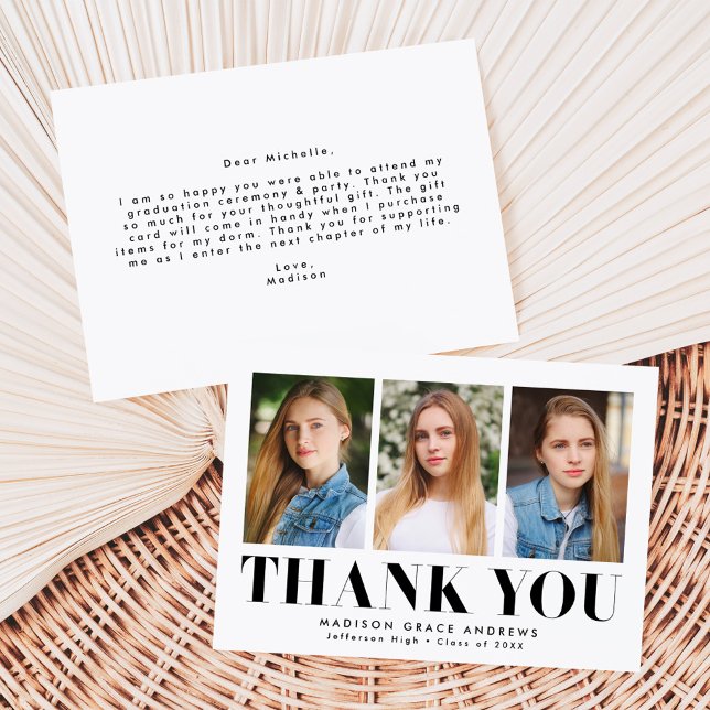 Simply Bold Black 3 Photo Graduation Thank You Card (Creator Uploaded)