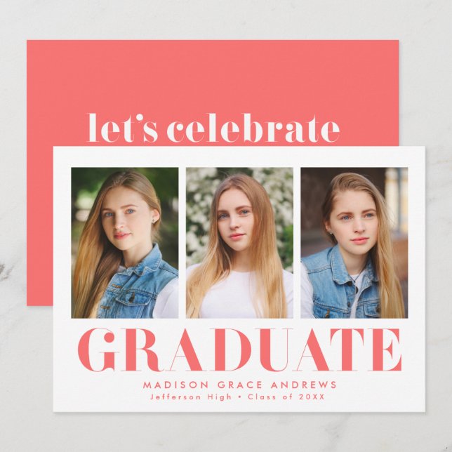 Simply Bold Coral 3 Photo Graduation Party Invitation (Front/Back)