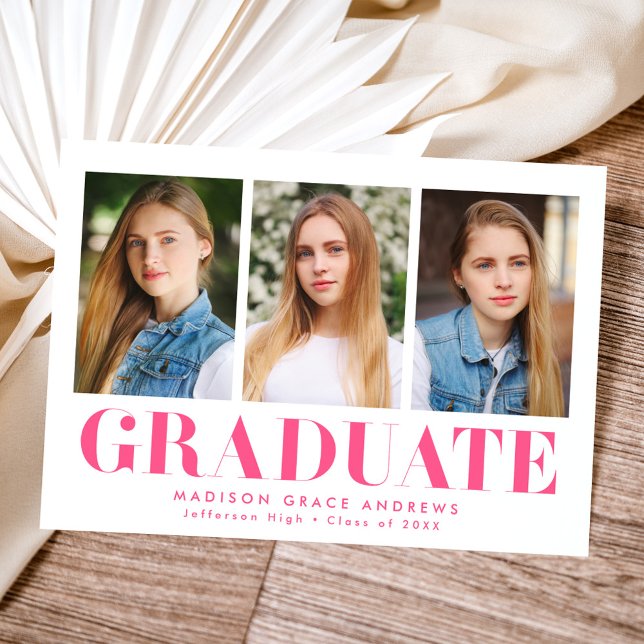 Simply Bold Hot Pink 3 Photo Graduation Announcement (Creator Uploaded)