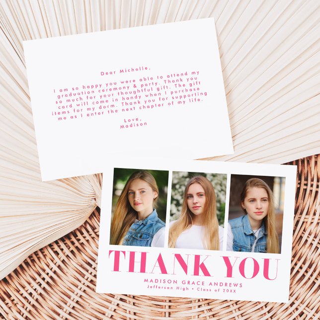 Simply Bold Hot Pink 3 Photo Graduation Thank You Card (Creator Uploaded)