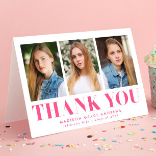 Simply Bold Hot Pink 3 Photo Graduation Thank You Card